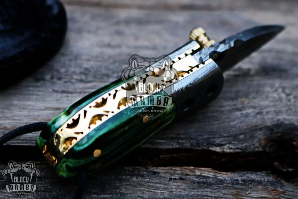 BMK-415-GR Green Tsetse Fly 3.5″ Long 1.5″Blade” 2oz Damascus Neck Knives Handmade Damascus Pocket Folding Knife With Mammoth Tooth Handle Black Mamba Hand Made World Class Knives USA Made - Image 7