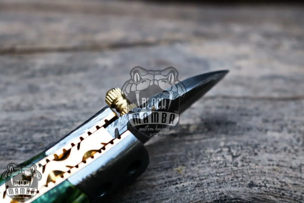 BMK-415-GR Green Tsetse Fly 3.5″ Long 1.5″Blade” 2oz Damascus Neck Knives Handmade Damascus Pocket Folding Knife With Mammoth Tooth Handle Black Mamba Hand Made World Class Knives USA Made - Image 8
