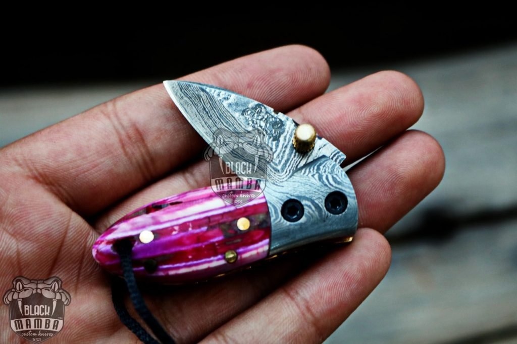 BMK-415-Set All knives set Tsetse Fly 1.2 Inches Blade Damascus Neck Knives Handmade Damascus Pocket Folding Knife with Mammoth Tooth Handle - Image 4