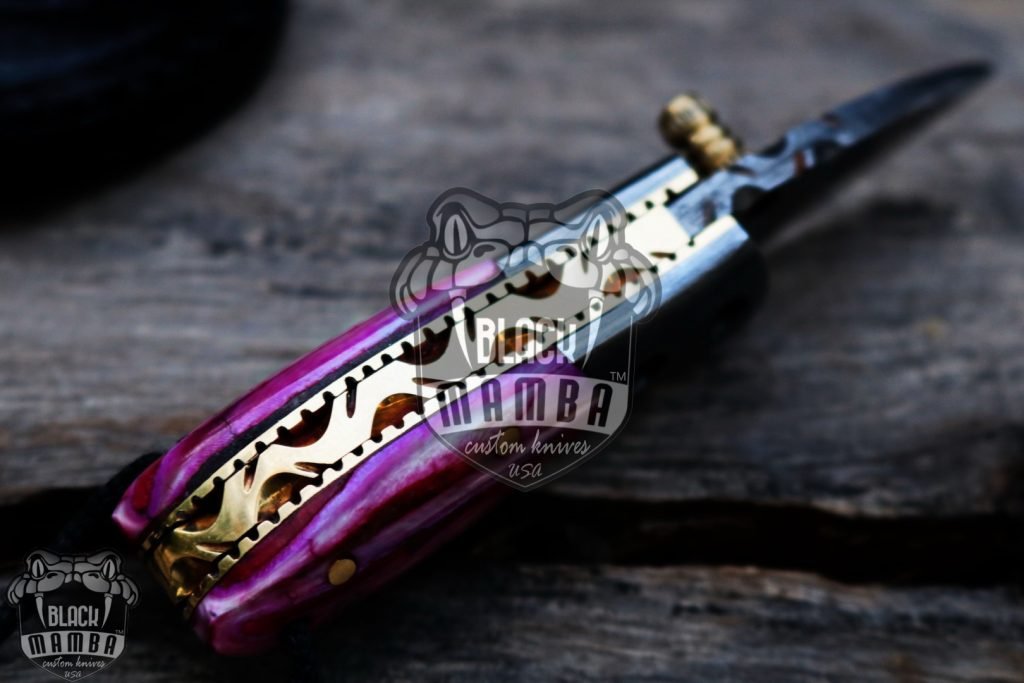 BMK-415-PK Pink Tsetse Fly 3.5″ Long 1.5″Blade” 2oz Damascus Neck Knives Handmade Damascus Pocket Folding Knife With Mammoth Tooth Handle Black Mamba Hand Made World Class Knives USA Made - Image 8