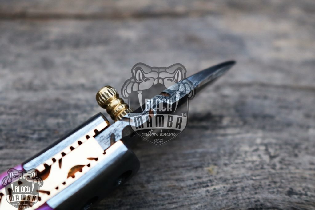 BMK-415-PK Pink Tsetse Fly 3.5″ Long 1.5″Blade” 2oz Damascus Neck Knives Handmade Damascus Pocket Folding Knife With Mammoth Tooth Handle Black Mamba Hand Made World Class Knives USA Made - Image 9