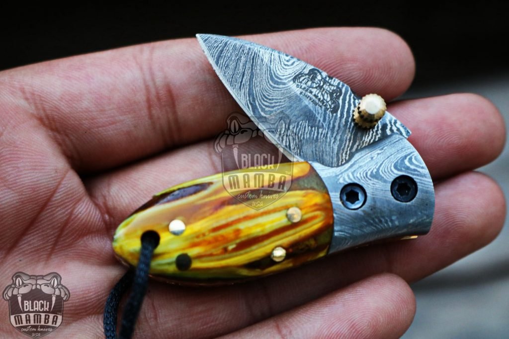 BMK-415-Set All knives set Tsetse Fly 1.2 Inches Blade Damascus Neck Knives Handmade Damascus Pocket Folding Knife with Mammoth Tooth Handle - Image 5