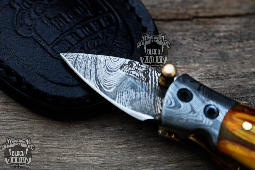 BMK-415YL Yellow Tsetse Fly 3.5″ Long 1.5″Blade” 2oz Damascus Neck Knives Handmade Damascus Pocket Folding Knife With Mammoth Tooth Handle Black Mamba Hand Made World Class Knives USA Made - Image 4