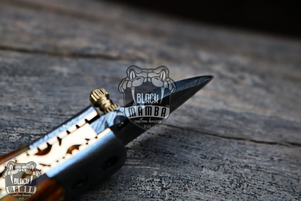 BMK-415YL Yellow Tsetse Fly 3.5″ Long 1.5″Blade” 2oz Damascus Neck Knives Handmade Damascus Pocket Folding Knife With Mammoth Tooth Handle Black Mamba Hand Made World Class Knives USA Made - Image 8