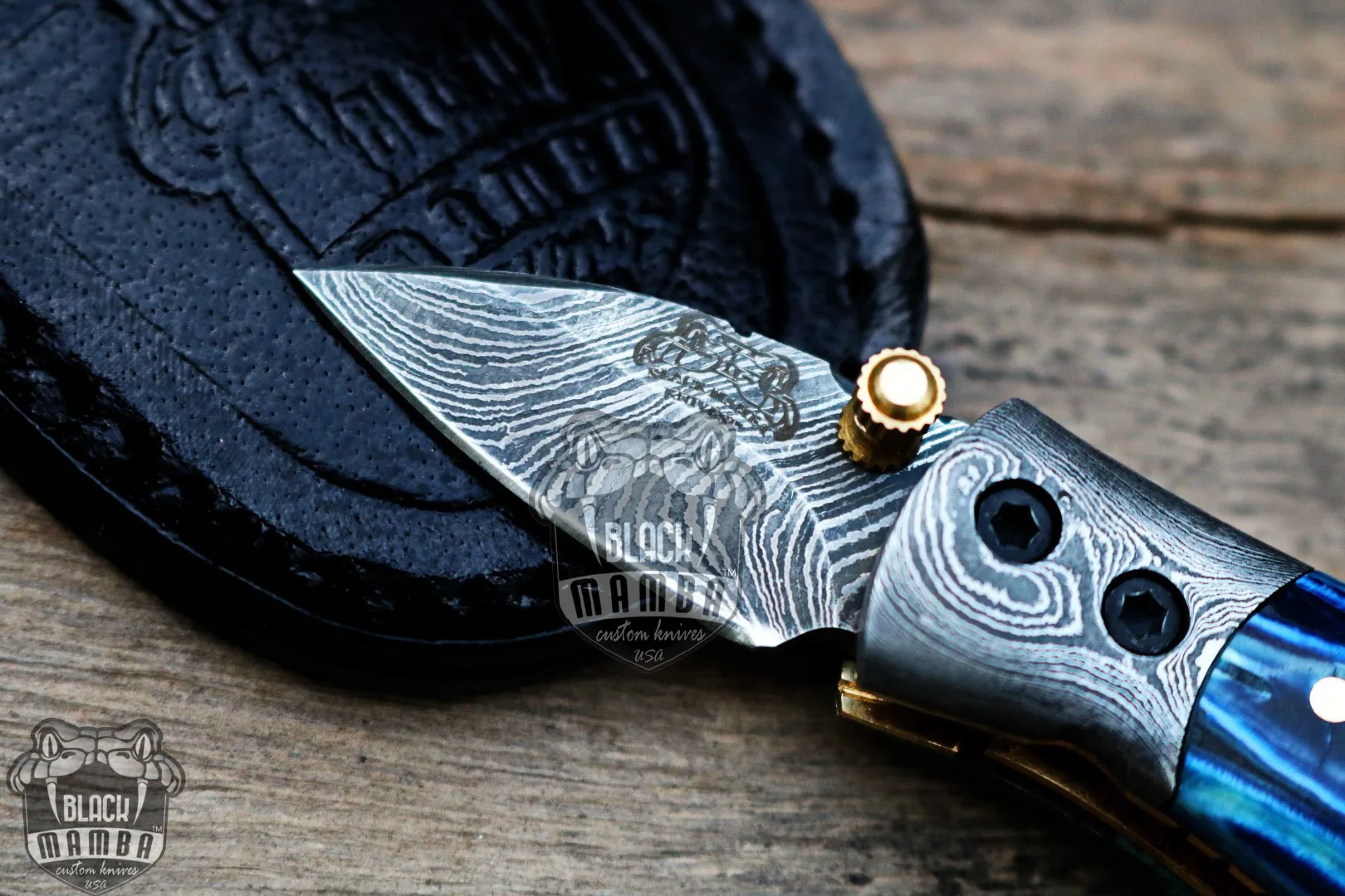 Blue Tsetse Fly 3.5″ Long 1.5″ Blade” 2oz Damascus Neck Knives Handmade Damascus Pocket Folding Knife with Mammoth Tooth Handle Black Mamba Hand Made World Class Knives USA Made | BMK-415-BU - view 4