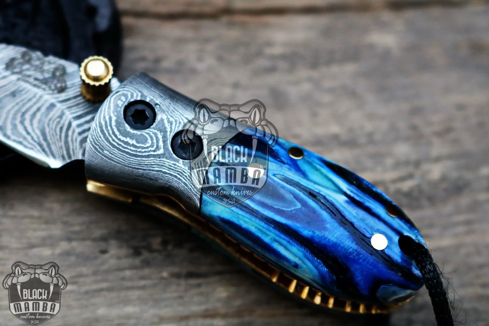 Blue Tsetse Fly 3.5″ Long 1.5″ Blade” 2oz Damascus Neck Knives Handmade Damascus Pocket Folding Knife with Mammoth Tooth Handle Black Mamba Hand Made World Class Knives USA Made | BMK-415-BU - view 5