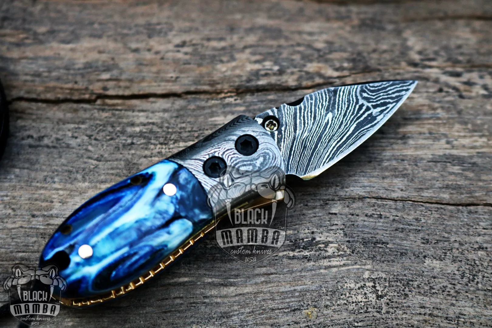 Blue Tsetse Fly 3.5″ Long 1.5″ Blade” 2oz Damascus Neck Knives Handmade Damascus Pocket Folding Knife with Mammoth Tooth Handle Black Mamba Hand Made World Class Knives USA Made | BMK-415-BU - view 6
