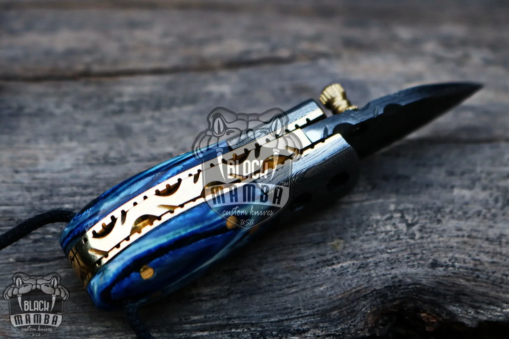 Blue Tsetse Fly 3.5″ Long 1.5″ Blade” 2oz Damascus Neck Knives Handmade Damascus Pocket Folding Knife with Mammoth Tooth Handle Black Mamba Hand Made World Class Knives USA Made | BMK-415-BU - view 7