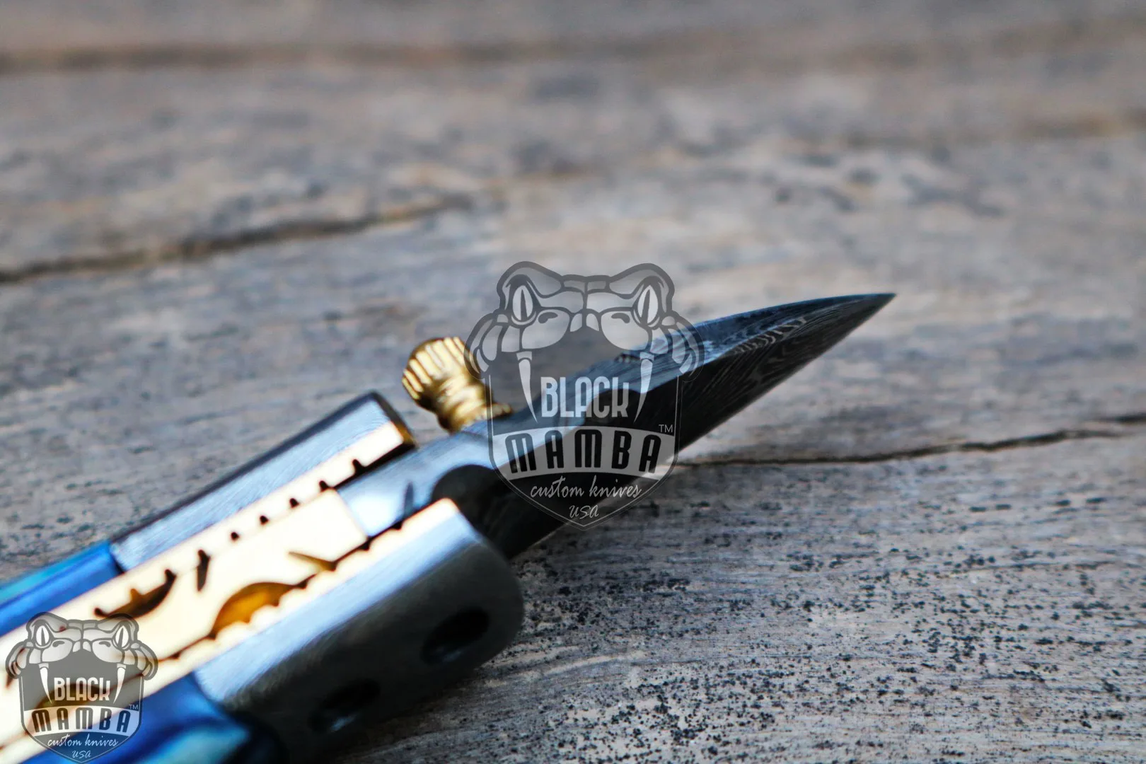 Blue Tsetse Fly 3.5″ Long 1.5″ Blade” 2oz Damascus Neck Knives Handmade Damascus Pocket Folding Knife with Mammoth Tooth Handle Black Mamba Hand Made World Class Knives USA Made | BMK-415-BU - view 8