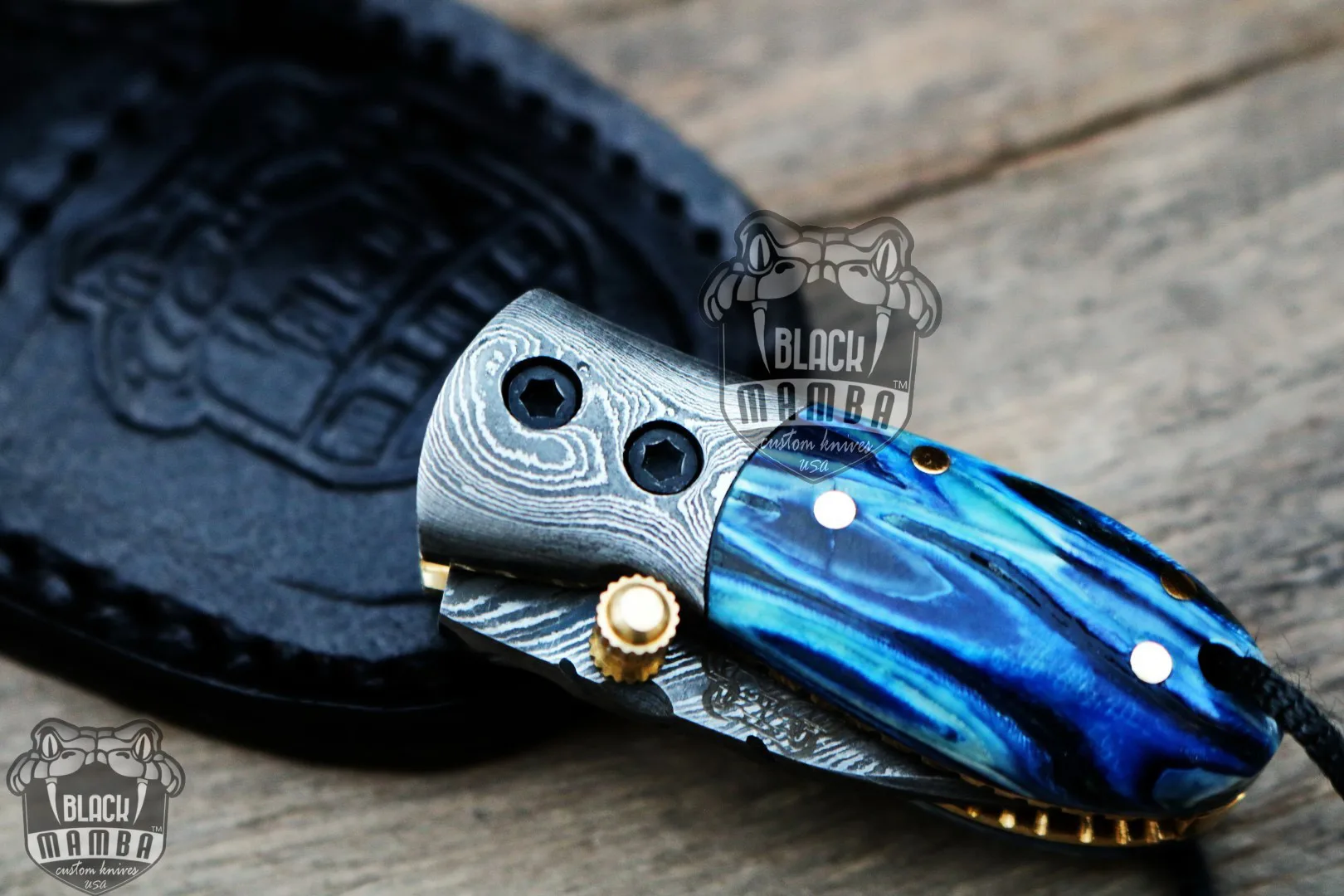 Blue Tsetse Fly 3.5″ Long 1.5″ Blade” 2oz Damascus Neck Knives Handmade Damascus Pocket Folding Knife with Mammoth Tooth Handle Black Mamba Hand Made World Class Knives USA Made | BMK-415-BU - view 9