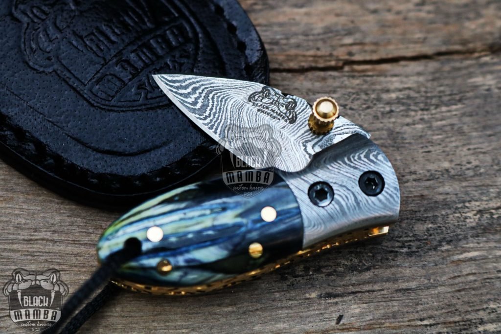 BMK-415-Set All knives set Tsetse Fly 1.2 Inches Blade Damascus Neck Knives Handmade Damascus Pocket Folding Knife with Mammoth Tooth Handle - Image 7