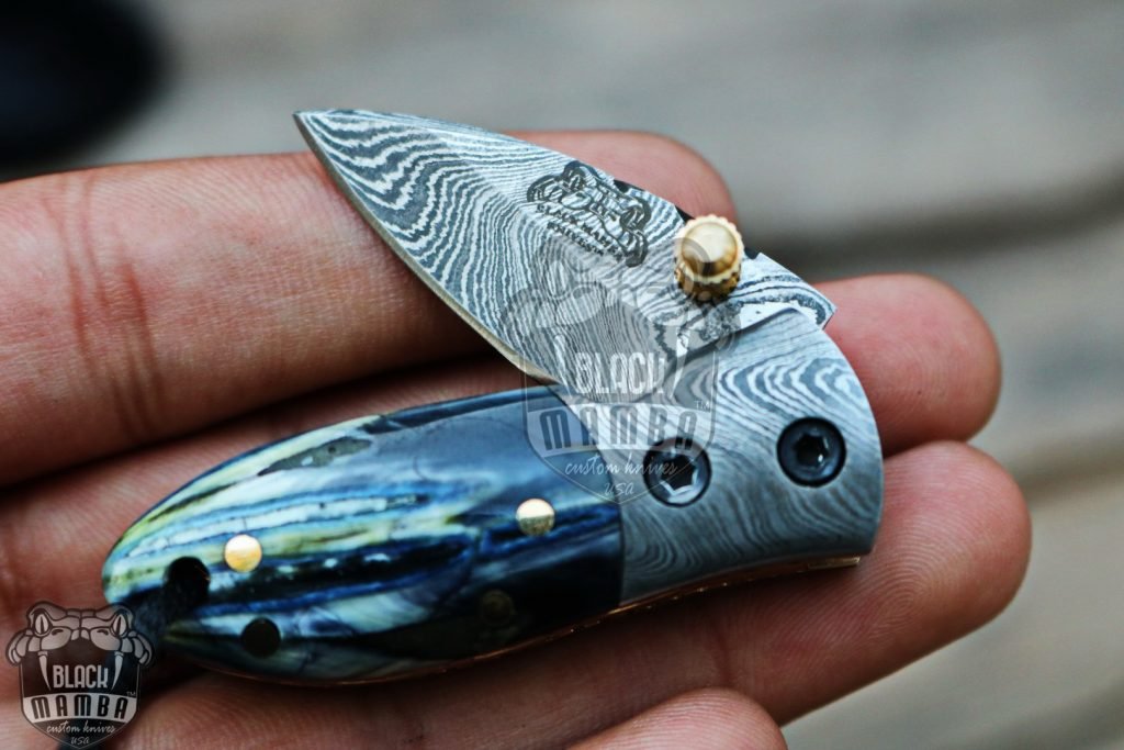 Bmk-415-BL Black Tsetse Fly 1.2 Inches Blade Damascus Neck Knives Handmade Damascus Pocket Folding Knife with Mammoth Tooth Handle - Image 2