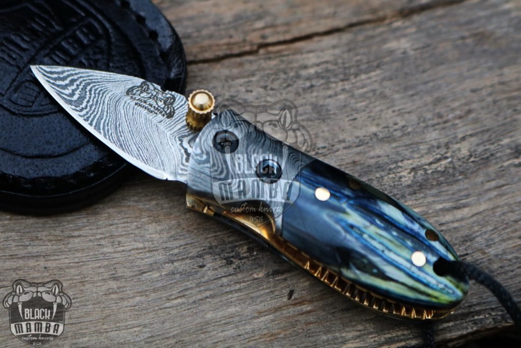 Bmk-415-BL Black Tsetse Fly 1.2 Inches Blade Damascus Neck Knives Handmade Damascus Pocket Folding Knife with Mammoth Tooth Handle - Image 3