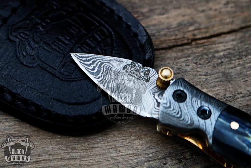 Bmk-415-BL Black Tsetse Fly 1.2 Inches Blade Damascus Neck Knives Handmade Damascus Pocket Folding Knife with Mammoth Tooth Handle - Image 4