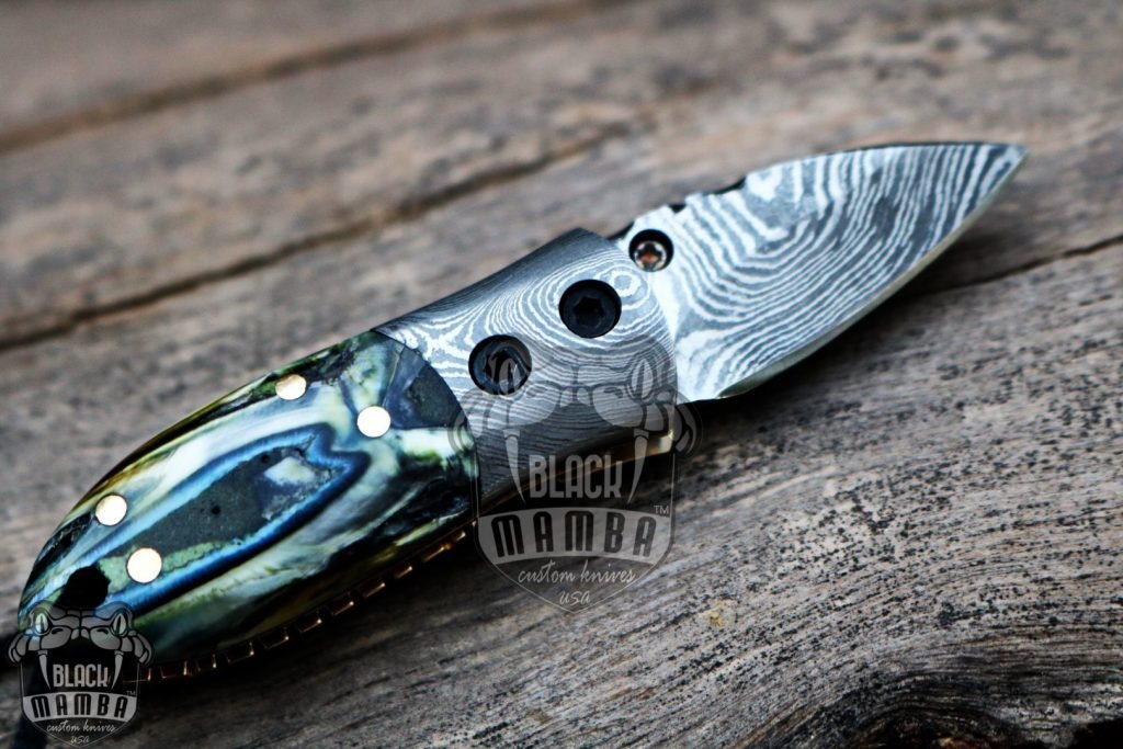 Bmk-415-BL Black Tsetse Fly 1.2 Inches Blade Damascus Neck Knives Handmade Damascus Pocket Folding Knife with Mammoth Tooth Handle - Image 6