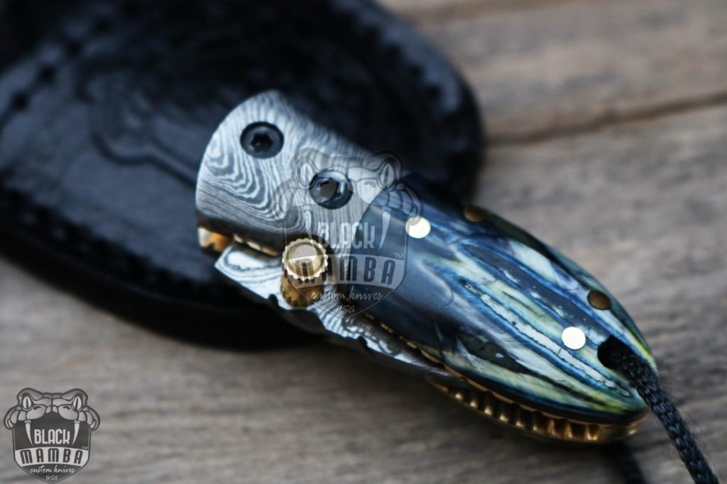Bmk-415-BL Black Tsetse Fly 1.2 Inches Blade Damascus Neck Knives Handmade Damascus Pocket Folding Knife with Mammoth Tooth Handle - Image 9