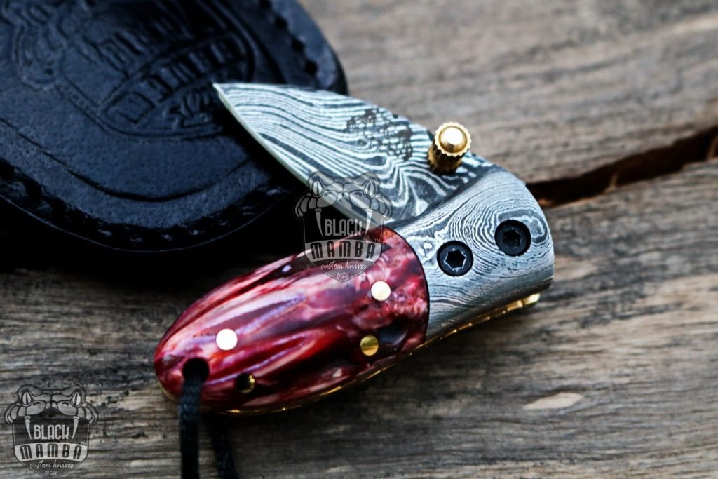 BMK-415-Set All knives set Tsetse Fly 1.2 Inches Blade Damascus Neck Knives Handmade Damascus Pocket Folding Knife with Mammoth Tooth Handle - Image 9