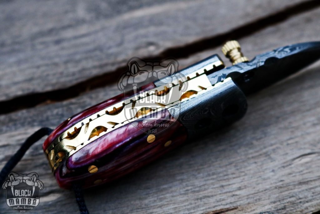 BMK-415-RD Red Tsetse Fly 3.5″ Long 1.5″Blade” 2oz Damascus Neck Knives Handmade Damascus Pocket Folding Knife With Mammoth Tooth Handle Black Mamba Hand Made World Class Knives USA Made - Image 7