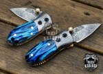 BMK-415-BU-Blue Tsetse Fly 3.5″ Long 1.5″Blade” 2oz Damascus Neck Knives Handmade Damascus Pocket Folding Knife With Mammoth Tooth Handle Black Mamba Hand Made World Class Knives USA Made