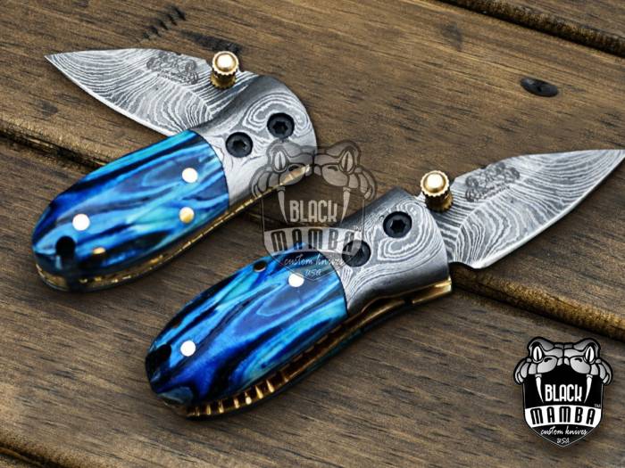 BMK-415-BU-Blue Tsetse Fly 3.5″ Long 1.5″Blade” 2oz Damascus Neck Knives Handmade Damascus Pocket Folding Knife With Mammoth Tooth Handle Black Mamba Hand Made World Class Knives USA Made