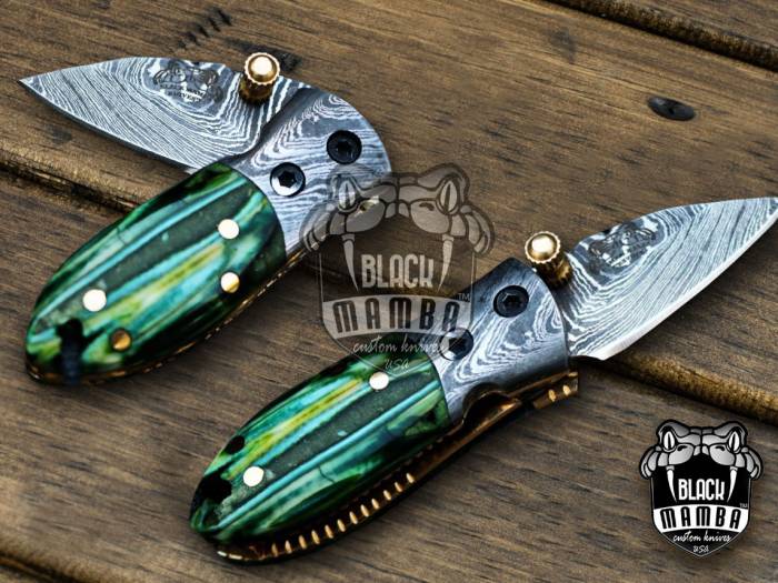 BMK-415-GR Green Tsetse Fly 3.5″ Long 1.5″Blade” 2oz Damascus Neck Knives Handmade Damascus Pocket Folding Knife With Mammoth Tooth Handle Black Mamba Hand Made World Class Knives USA Made