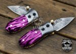BMK-415-PK Pink Tsetse Fly 3.5″ Long 1.5″Blade” 2oz Damascus Neck Knives Handmade Damascus Pocket Folding Knife With Mammoth Tooth Handle Black Mamba Hand Made World Class Knives USA Made