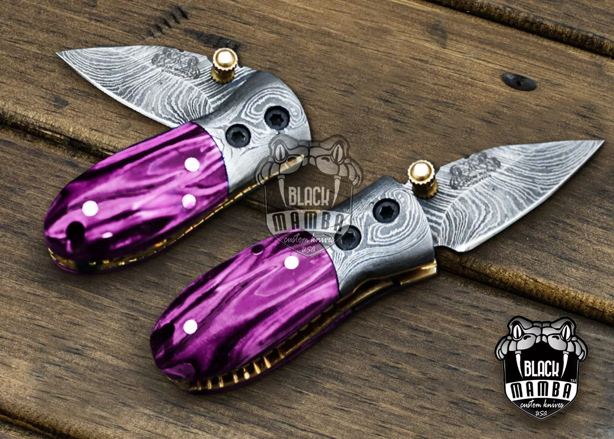 Pink Tsetse Fly - Damascus Neck Knife, 3″ Overall