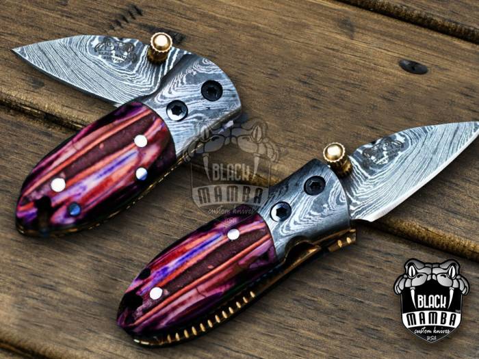 BMK-415-RD Red Tsetse Fly 3.5″ Long 1.5″Blade” 2oz Damascus Neck Knives Handmade Damascus Pocket Folding Knife With Mammoth Tooth Handle Black Mamba Hand Made World Class Knives USA Made