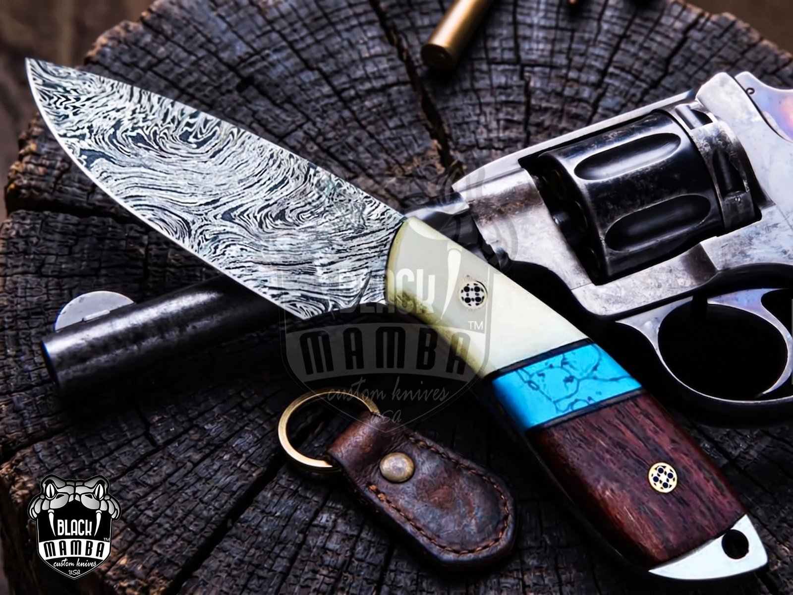 Blue Racer Lizard – Damascus Skinning Knife, 8" Overall