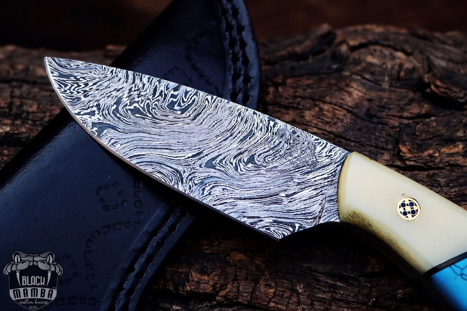 Blue Racer Lizard – Damascus Skinning Knife, 8" Overall - Image 4