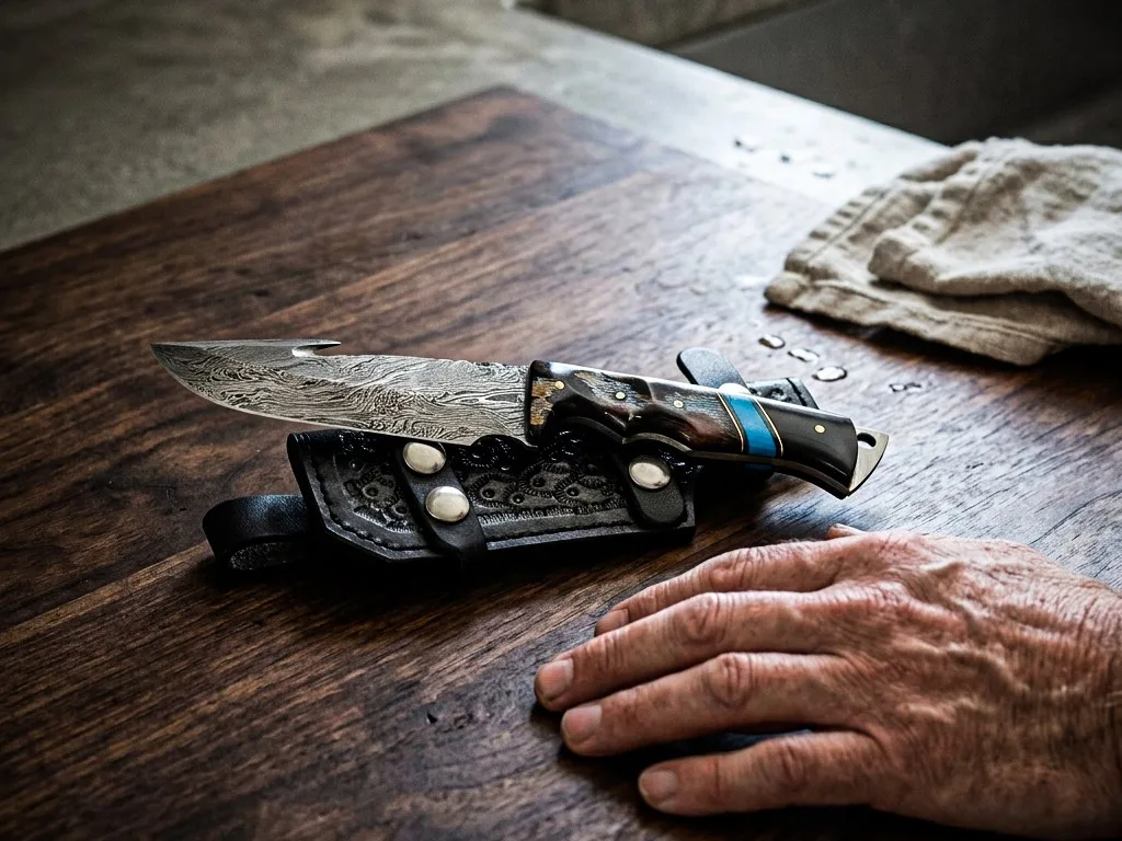 Chihuahuan Snake - Damascus Gut Hook Hunting Knife, 8.7″ Overall, Buffalo Horn Handle - view 3