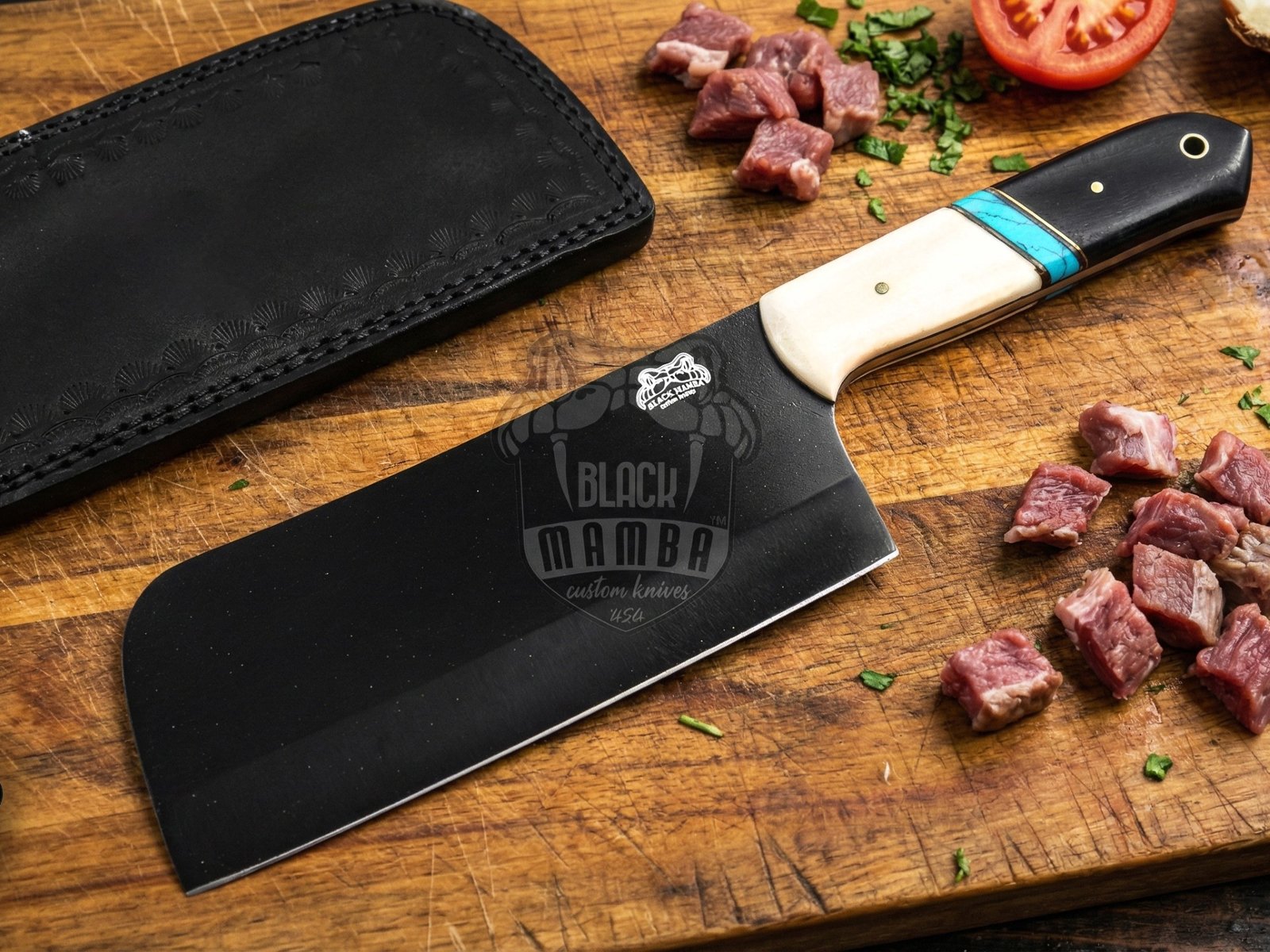 Bmk-704 Panda Cleaver Knife 12 Inches Long 7 Inches Blade 16.5 Ounce 440c stainless steel Black Coated Chef Cleaver Knife Hand Made Black Mamba Knives USA Made