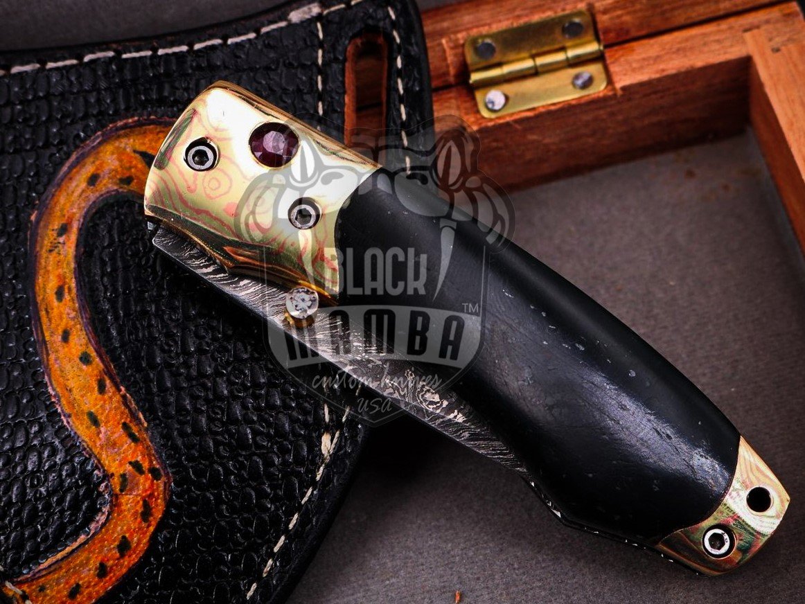Black Mamba Knives Bmk-1020 Gaea 7 Inches Damascus Pocket Knives Mokume Bolsters,Black jade Gem Stone,Green Ruby Pure White Diamond - Image 15