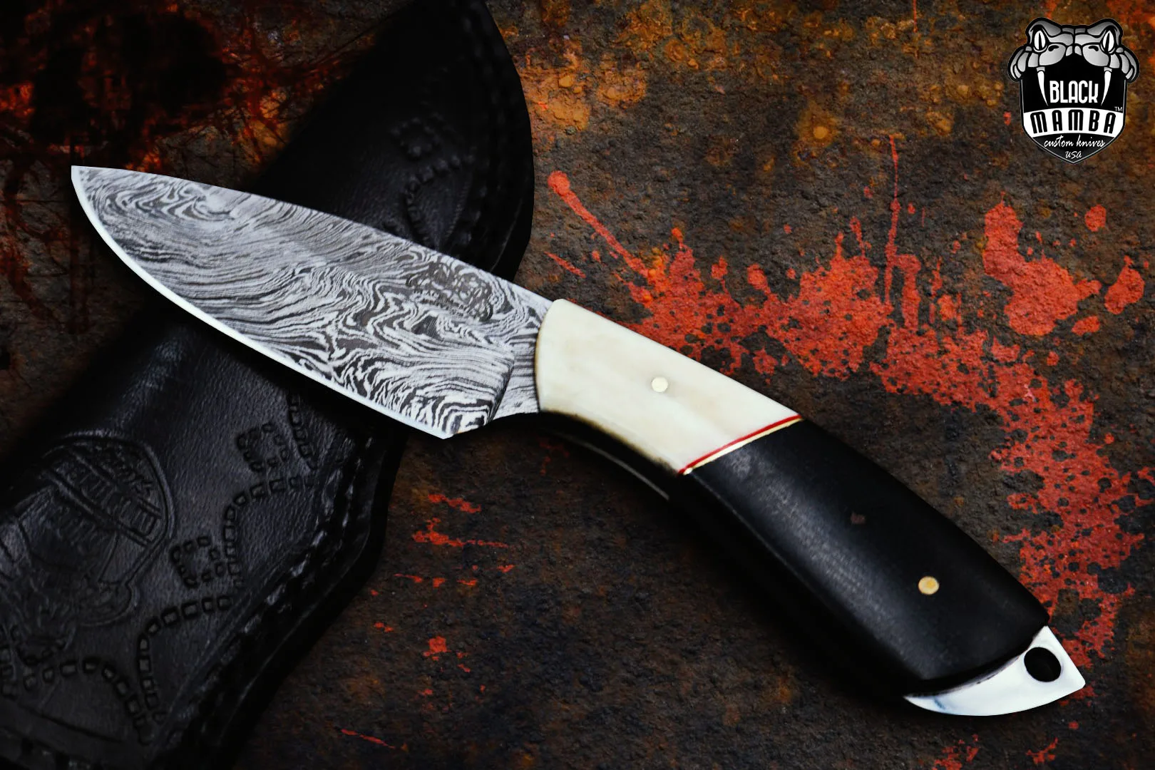 California King Snake 8 Inches Long 3.5 Inches Blade 5.6 Ounce Damascus Skinner Hunting Fixed Blade Knife Damascus Steel Hand Made Black Mamba Knives World Class Knives USA Made | BMK-165 - view 3