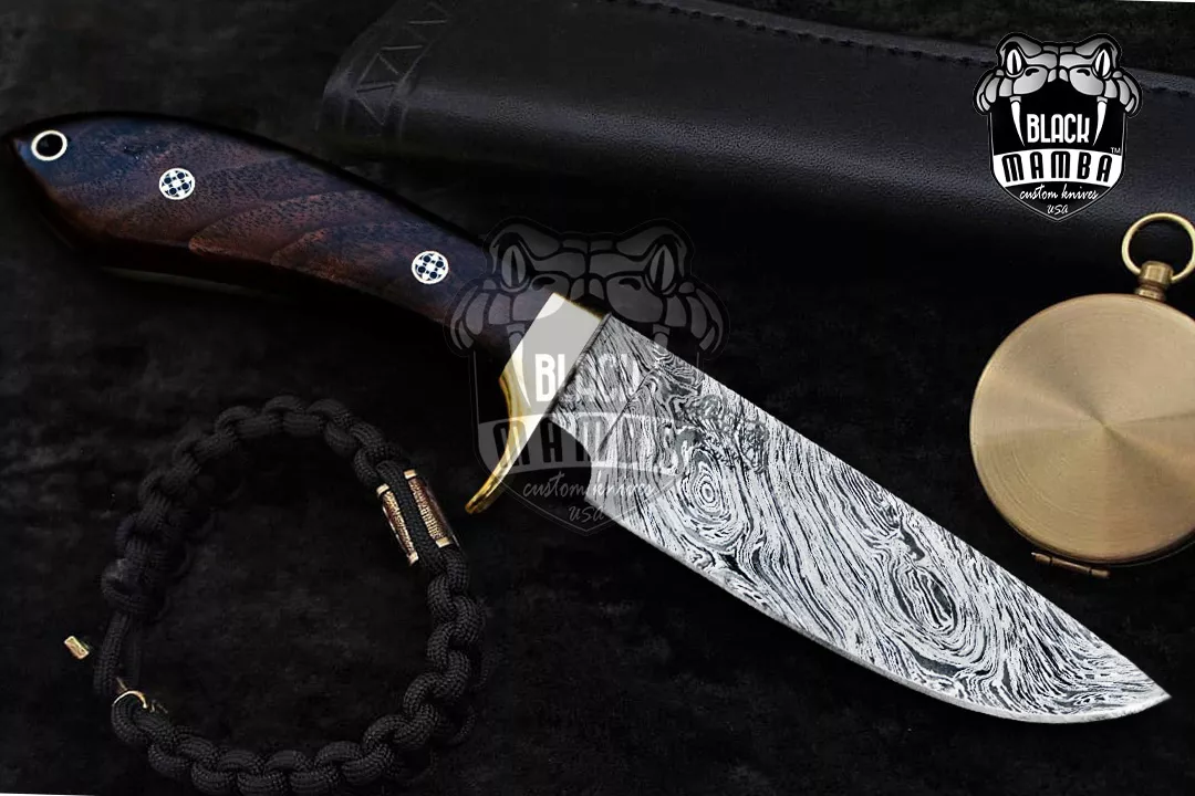 Pseudonaja Textilis Snake - Damascus Hunting Knife, 9.2″ Overall, Brass Handle