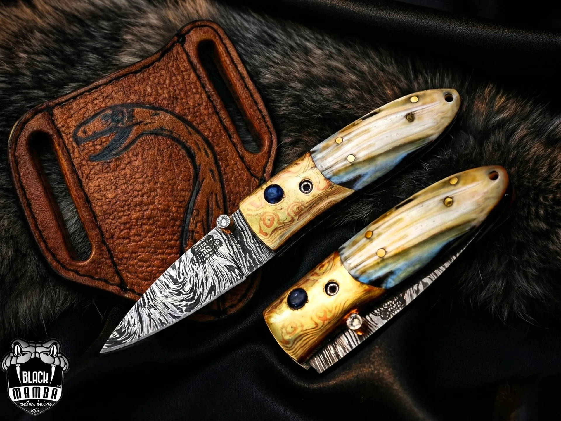 Black Mamba Knives Aphrodite 3.5 Inches Closed Damascus Pocket Knives Mokume Bolsters, Antique Animal Tooth Stone, Green Ruby, Diamond Folding Knife USA Made | BMK-1012