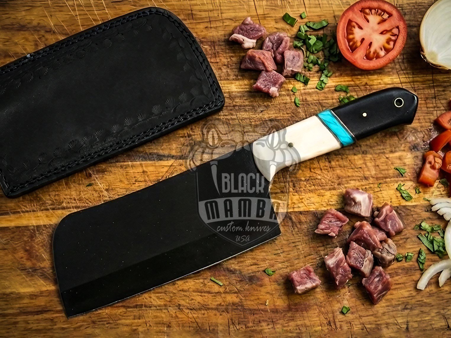 Bmk-704 Panda Cleaver Knife 12 Inches Long 7 Inches Blade 16.5 Ounce 440c stainless steel Black Coated Chef Cleaver Knife Hand Made Black Mamba Knives USA Made - Image 2