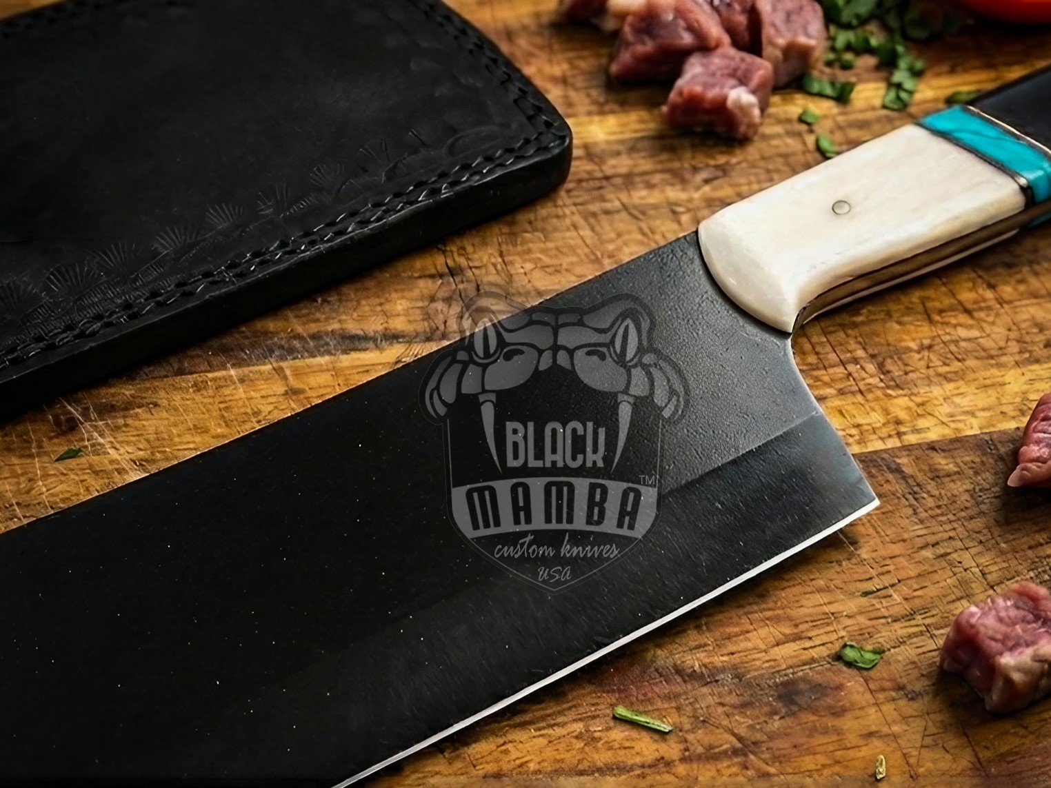 Bmk-704 Panda Cleaver Knife 12 Inches Long 7 Inches Blade 16.5 Ounce 440c stainless steel Black Coated Chef Cleaver Knife Hand Made Black Mamba Knives USA Made - Image 3
