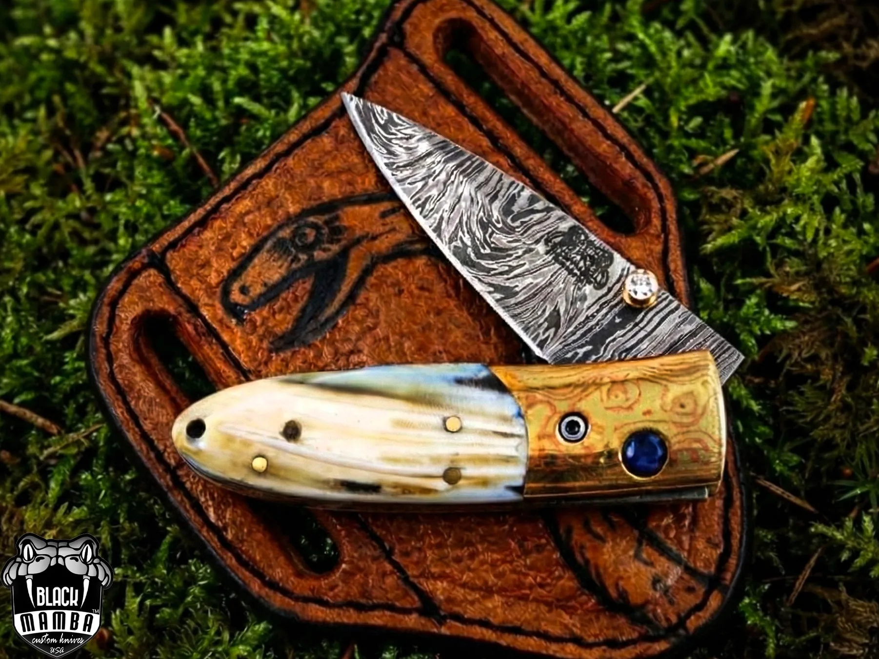 Black Mamba Knives Aphrodite 3.5 Inches Closed Damascus Pocket Knives Mokume Bolsters, Antique Animal Tooth Stone, Green Ruby, Diamond Folding Knife USA Made | BMK-1012 - view 3