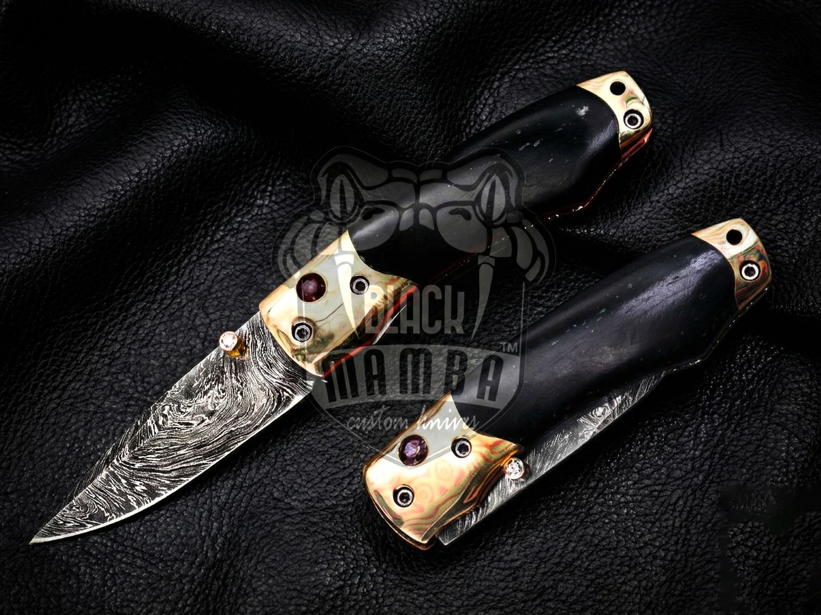 Black Mamba Knives Bmk-1020 Gaea 7 Inches Damascus Pocket Knives Mokume Bolsters,Black jade Gem Stone,Green Ruby Pure White Diamond - Image 6