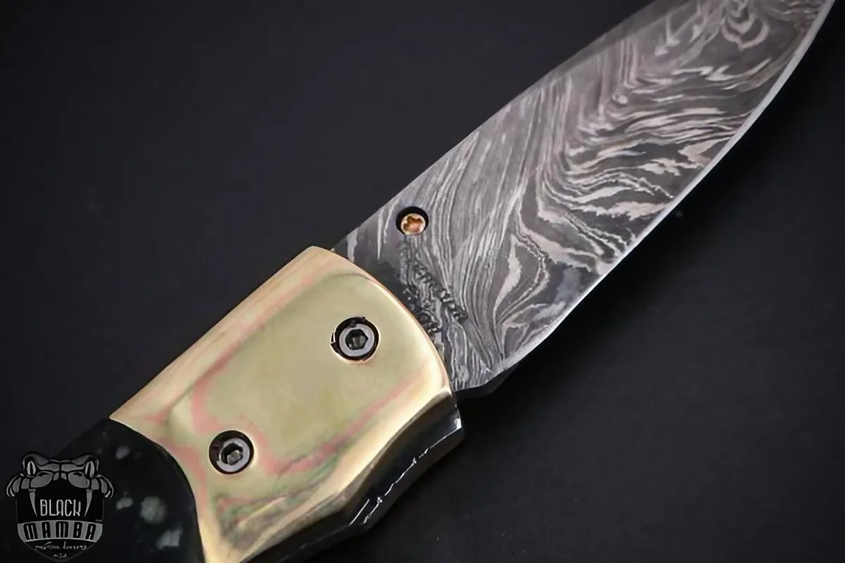 Black Mamba Knives Gaea 7 Inches Damascus Pocket Knives Mokume Bolsters, Black Jade Gem Stone, Green Ruby Pure White Diamond | BMK-1020 - view 10