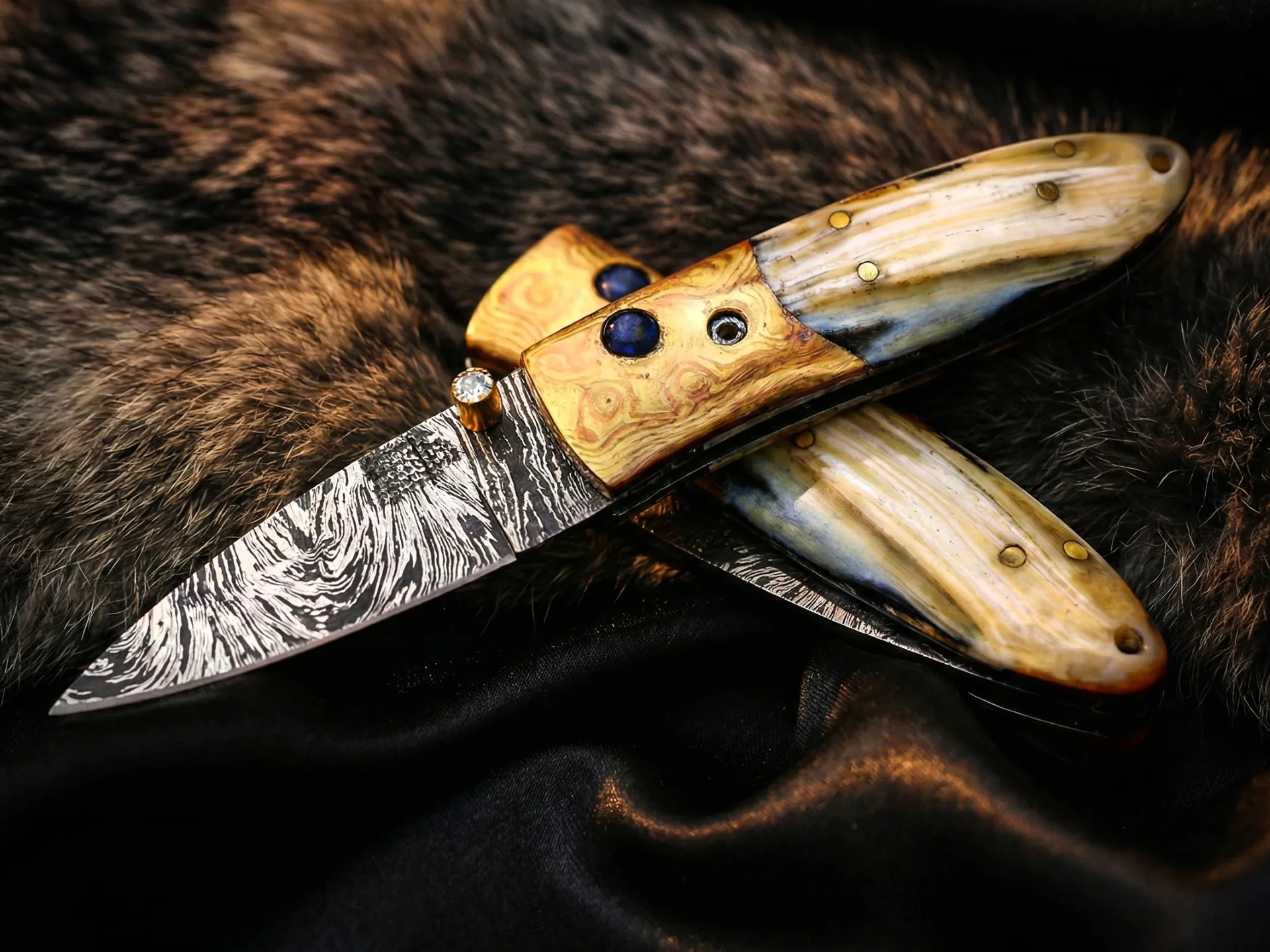 Black Mamba Knives Aphrodite 3.5 Inches Closed Damascus Pocket Knives Mokume Bolsters, Antique Animal Tooth Stone, Green Ruby, Diamond Folding Knife USA Made | BMK-1012 - view 4