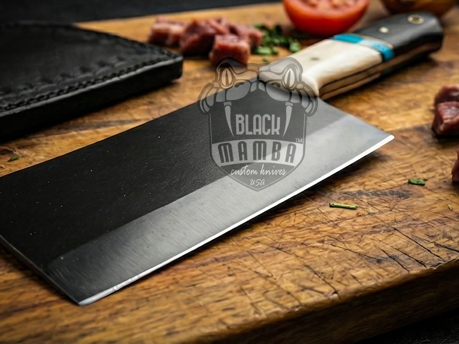 Bmk-704 Panda Cleaver Knife 12 Inches Long 7 Inches Blade 16.5 Ounce 440c stainless steel Black Coated Chef Cleaver Knife Hand Made Black Mamba Knives USA Made - Image 4
