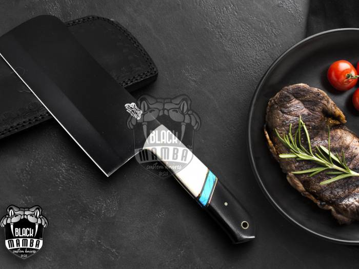 Bmk-704 Panda Cleaver Knife 12 Inches Long 7 Inches Blade 16.5 Ounce 440c stainless steel Black Coated Chef Cleaver Knife Hand Made Black Mamba Knives USA Made