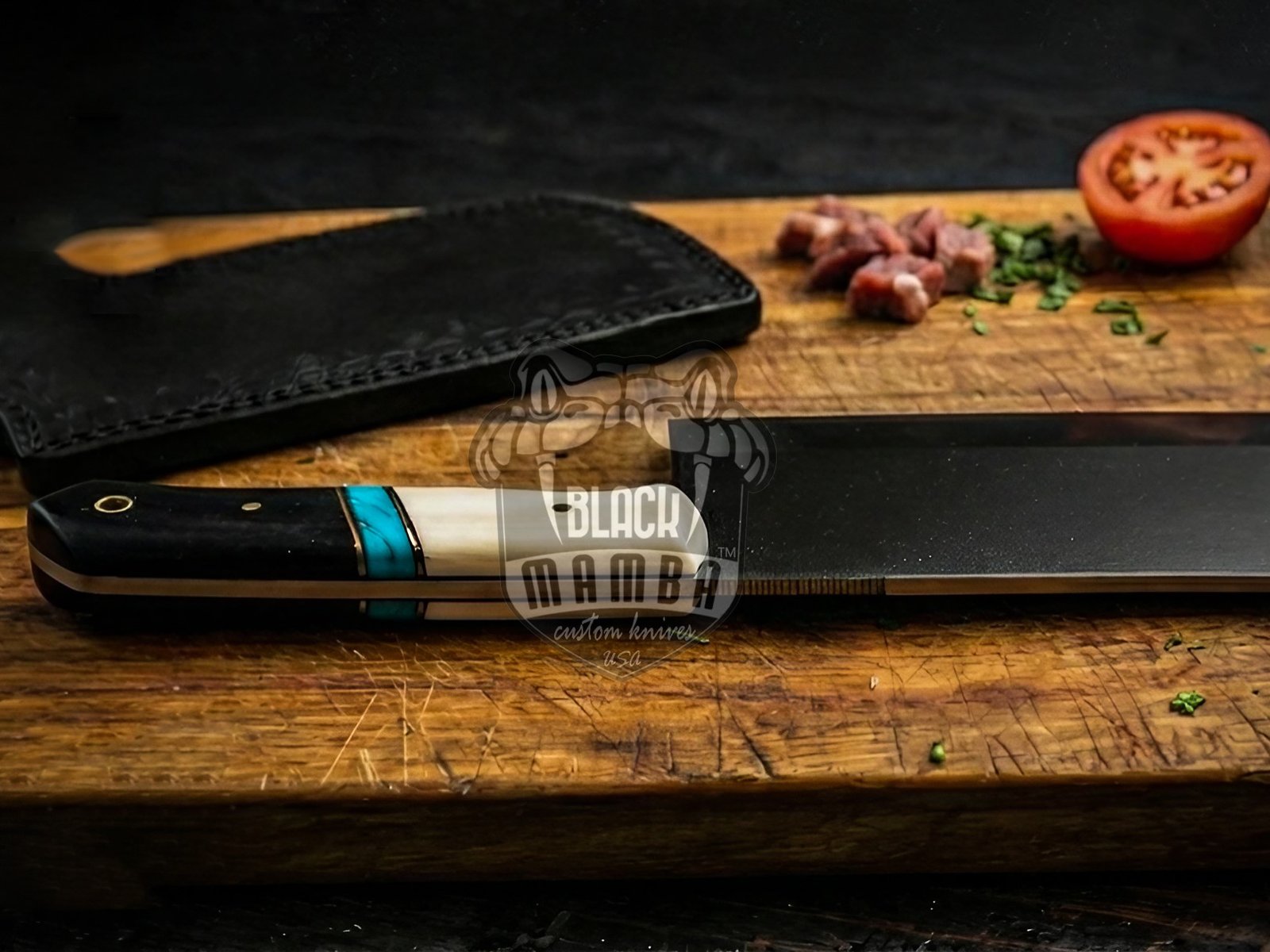 Bmk-704 Panda Cleaver Knife 12 Inches Long 7 Inches Blade 16.5 Ounce 440c stainless steel Black Coated Chef Cleaver Knife Hand Made Black Mamba Knives USA Made - Image 5