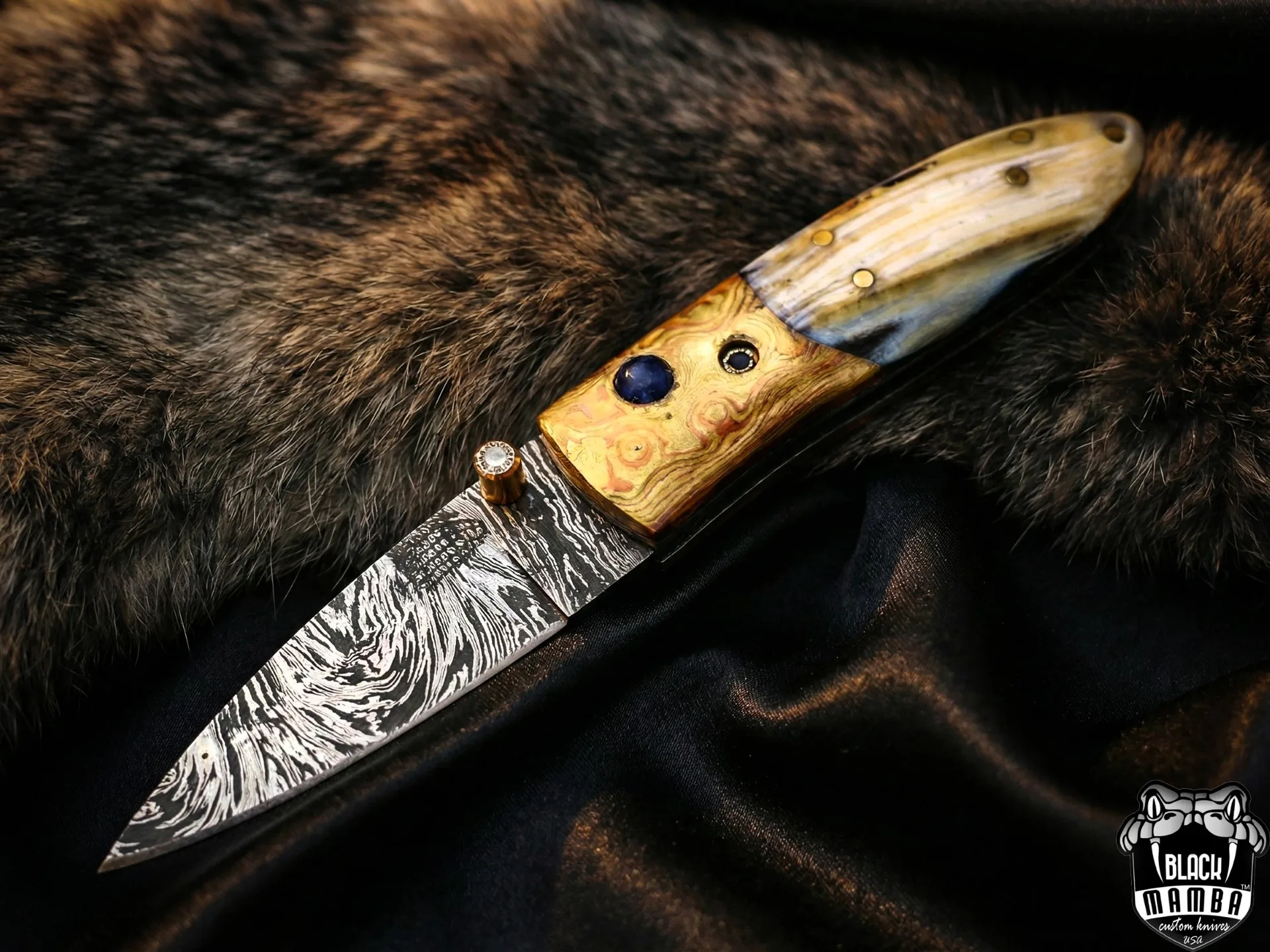 Black Mamba Knives Aphrodite 3.5 Inches Closed Damascus Pocket Knives Mokume Bolsters, Antique Animal Tooth Stone, Green Ruby, Diamond Folding Knife USA Made | BMK-1012 - view 5