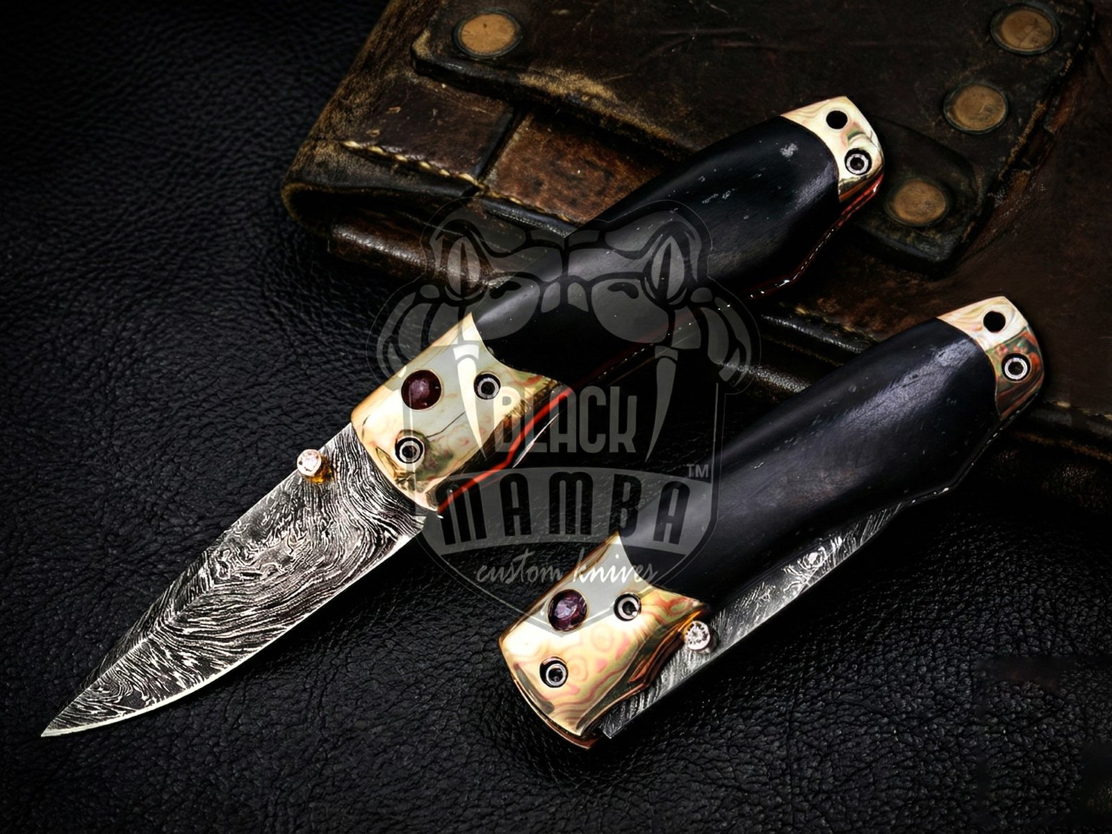Black Mamba Knives Bmk-1020 Gaea 7 Inches Damascus Pocket Knives Mokume Bolsters,Black jade Gem Stone,Green Ruby Pure White Diamond
