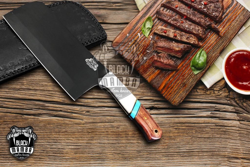 Bmk-627 Qinling panda 12 Inches Long 7 Inches Blade 16.5 Ounce 440c stainless steel Black Coated Chef Cleaver Knife Hand Made Black Mamba Knives USA Made