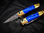Bmk-1011 Poseidon 3 In Closed High End Damascus Pocket Knives Mokume Bolsters,Blue Lapis Gem Stone,Green Ruby
