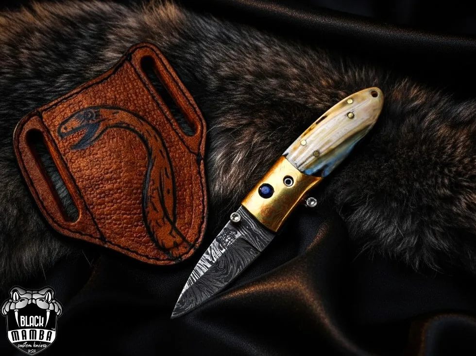 Black Mamba Knives Aphrodite 3.5 Inches Closed Damascus Pocket Knives Mokume Bolsters, Antique Animal Tooth Stone, Green Ruby, Diamond Folding Knife USA Made | BMK-1012 - view 6